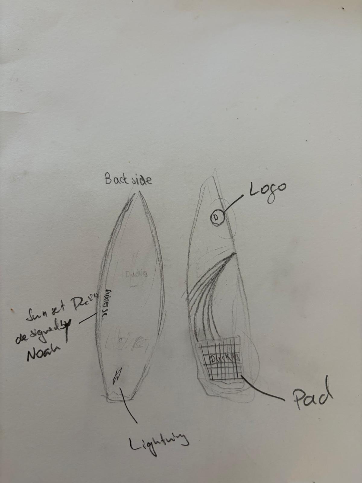 Noah's original pencil sketch of the board: two views labelled Back side, Logo, Pad, and Lightning, with the note Sunset Ducky designed by Noah