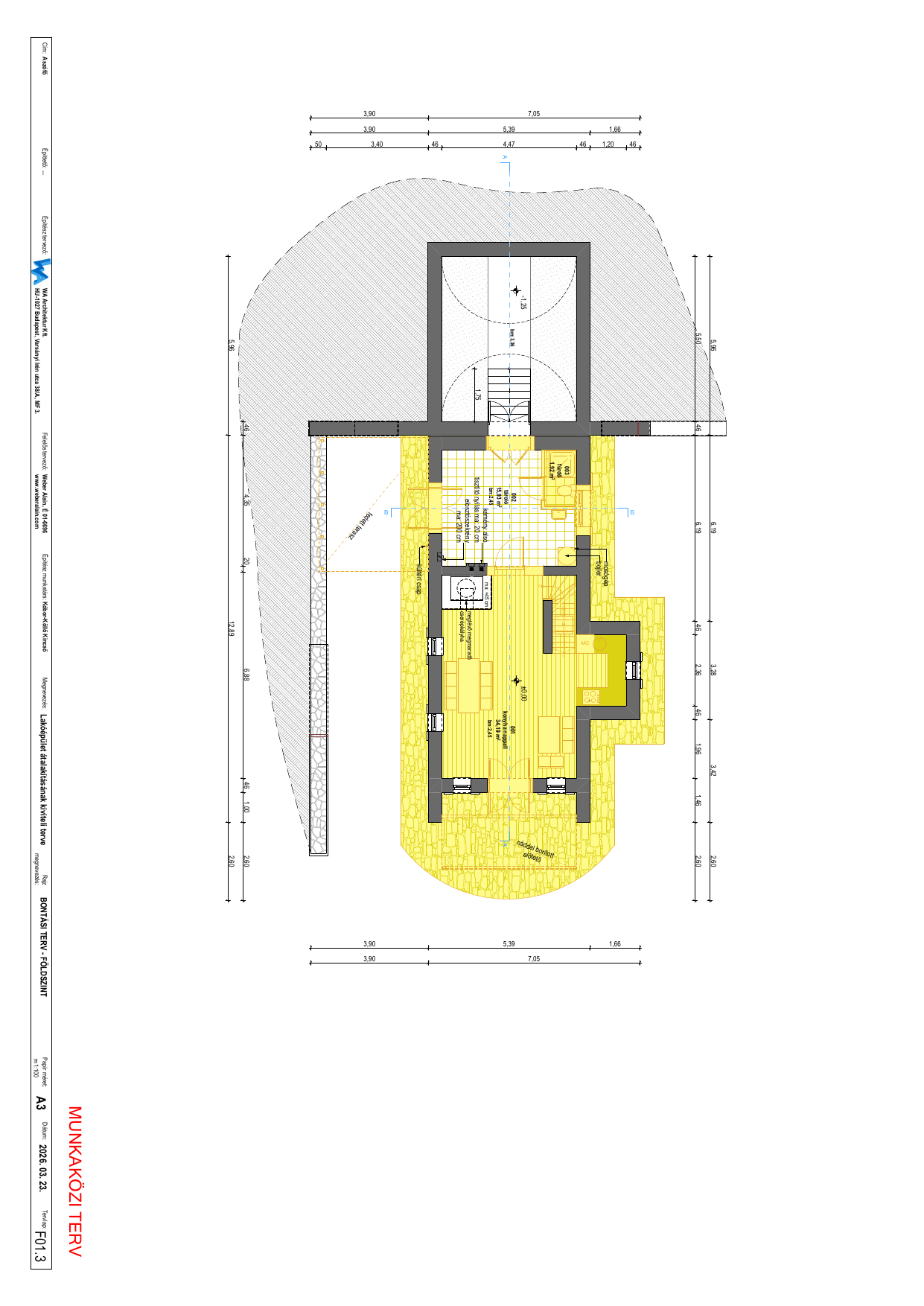 Demolition plan of the ground floor, walls to remove marked in yellow