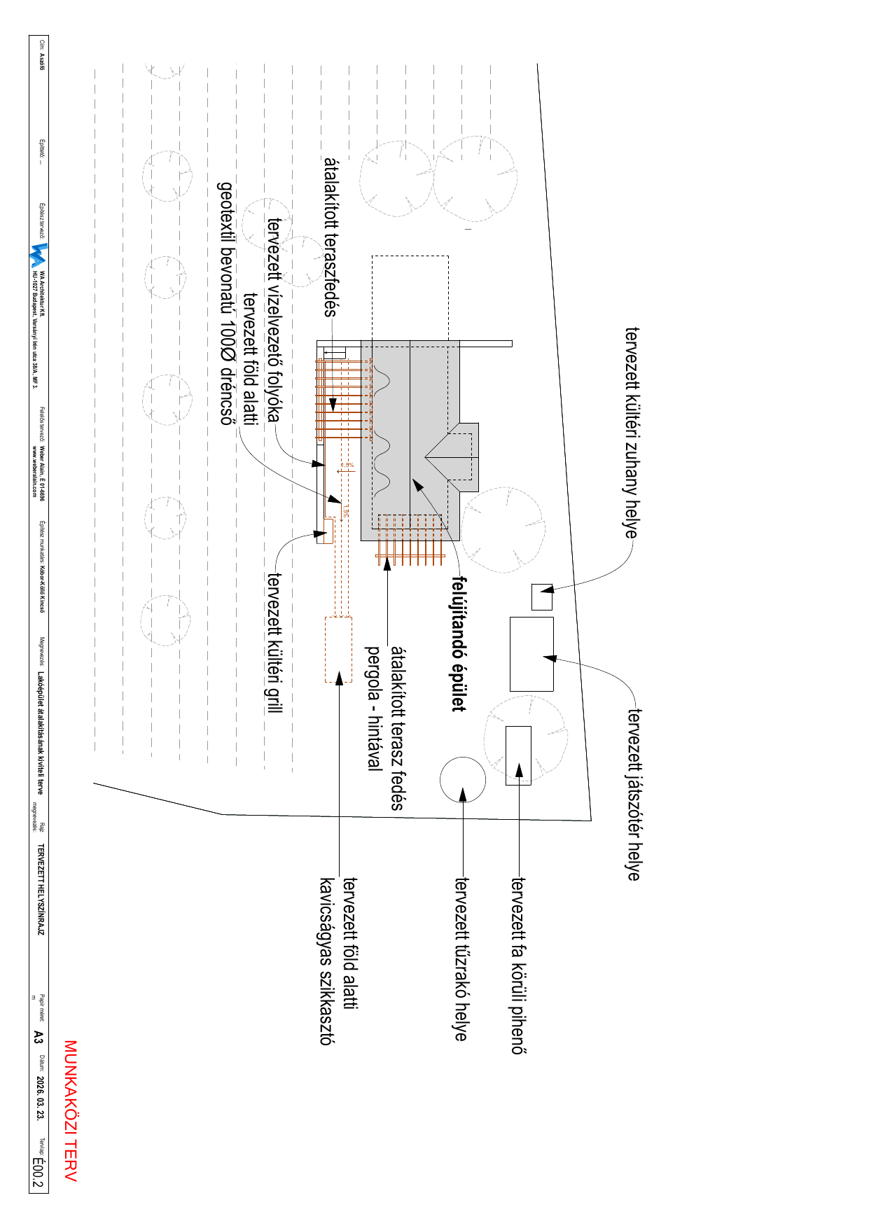Proposed site plan with garden zones marked: outdoor shower, fire pit, grill, playground, tree rest area, pergola terrace