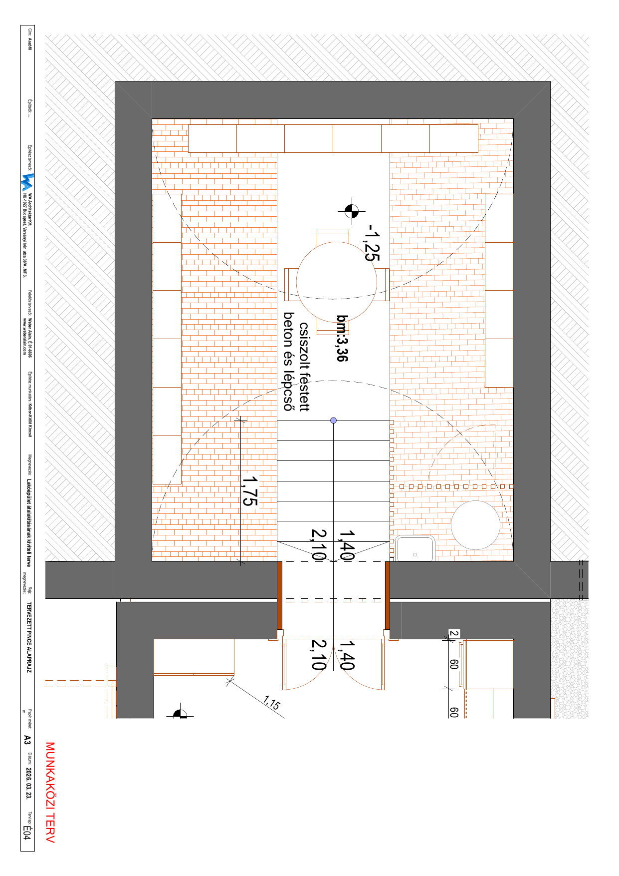 Proposed wine cellar plan with a round tasting table under the brick vault