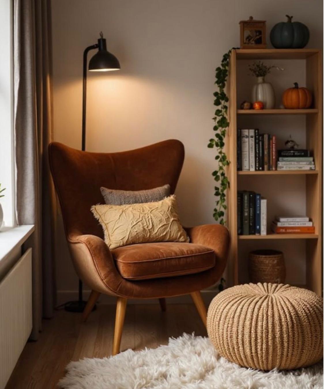 Cognac leather wingback with reading lamp