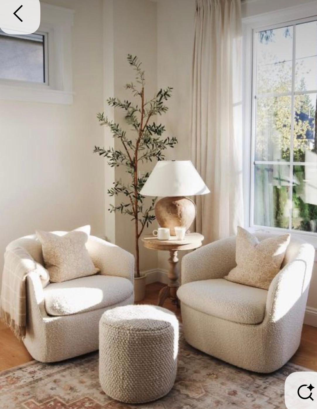 Cream boucle swivel chairs with knitted pouf