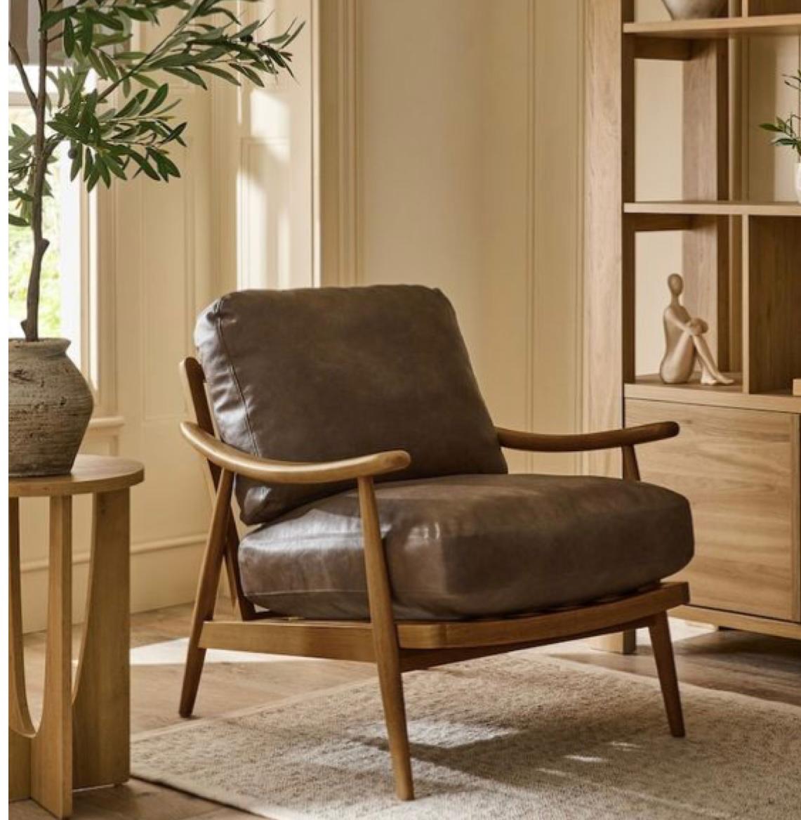Mid-century olive leather chair with wood frame
