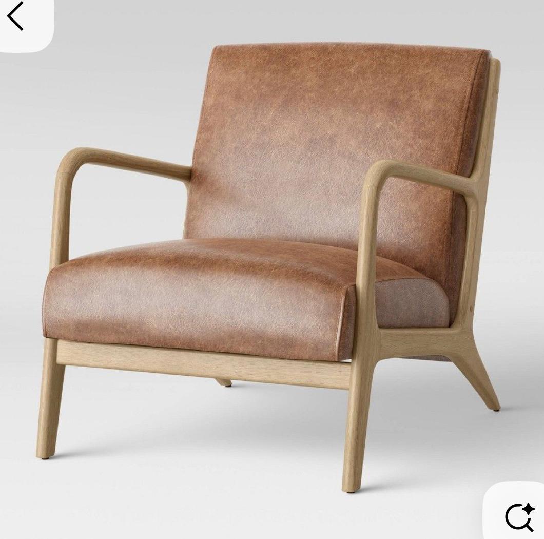 Mid-century tan leather chair with wood frame