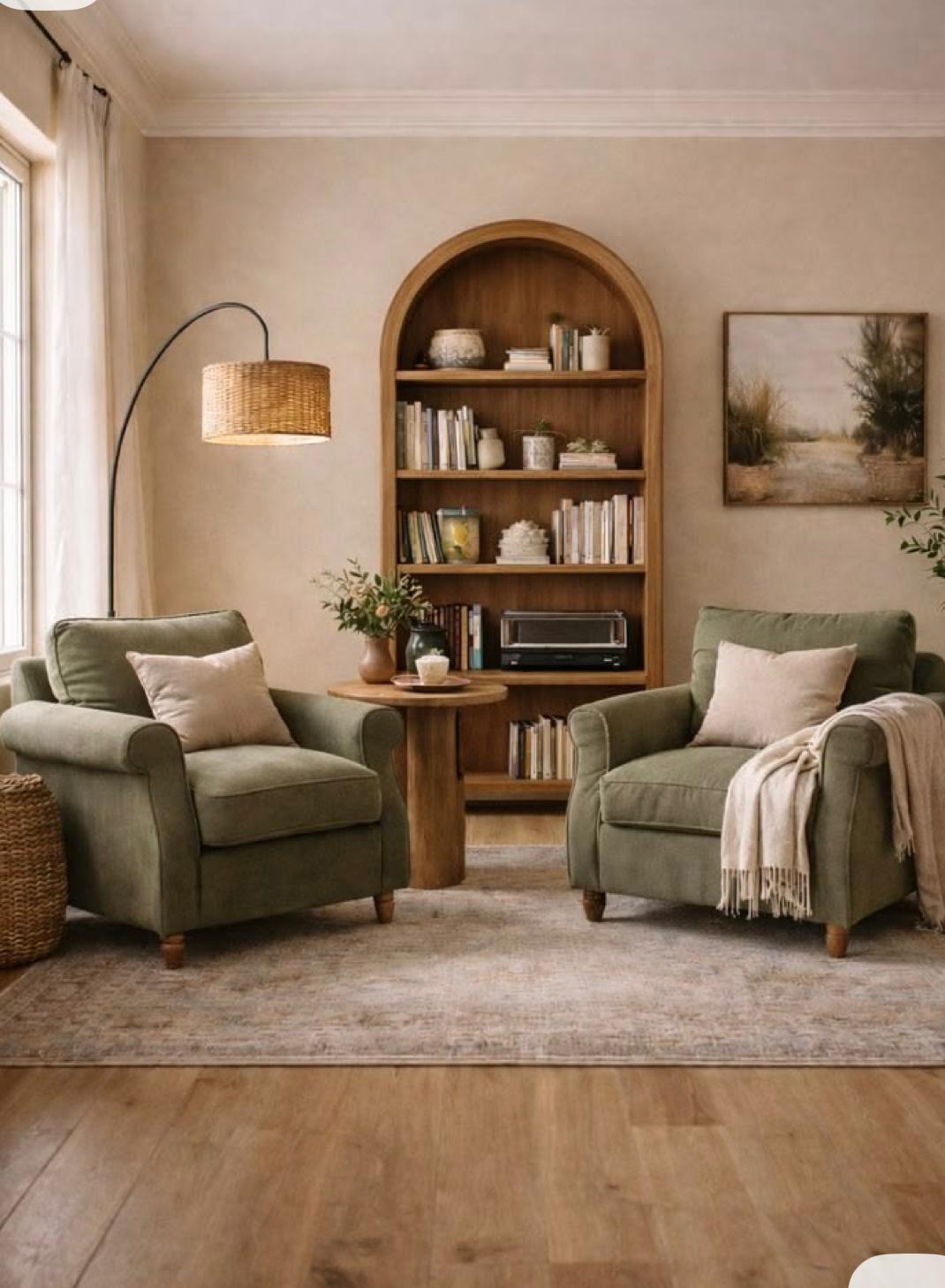 Sage green chairs with arched bookshelf behind