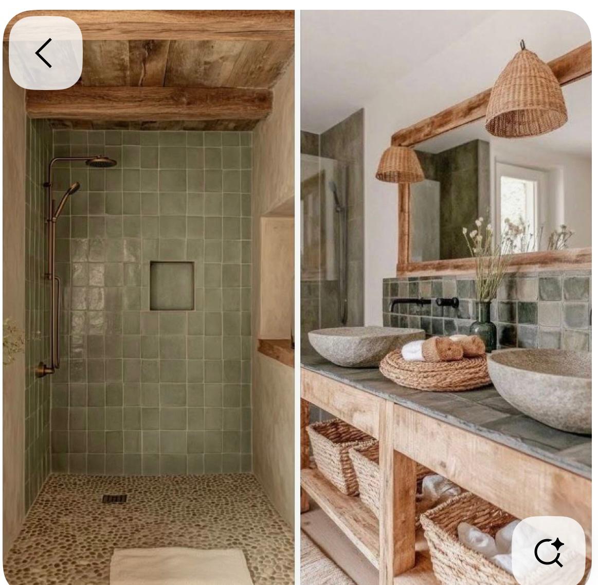 Green tile shower paired with stone vessel vanity