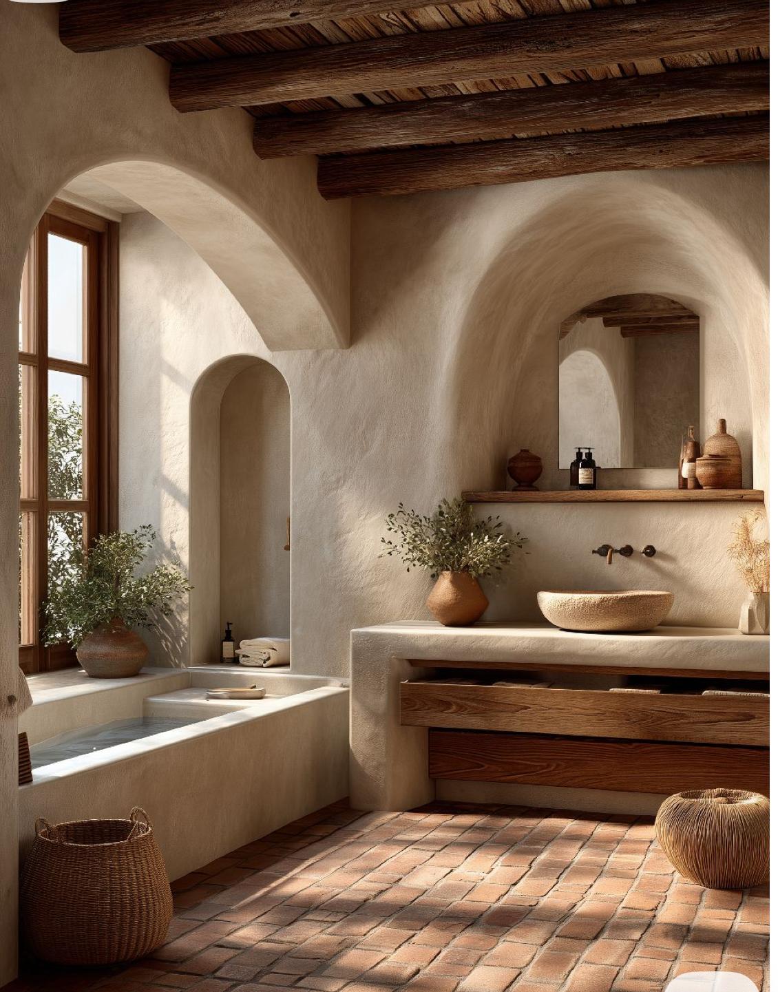 Mediterranean plaster bath with arched niches and beams