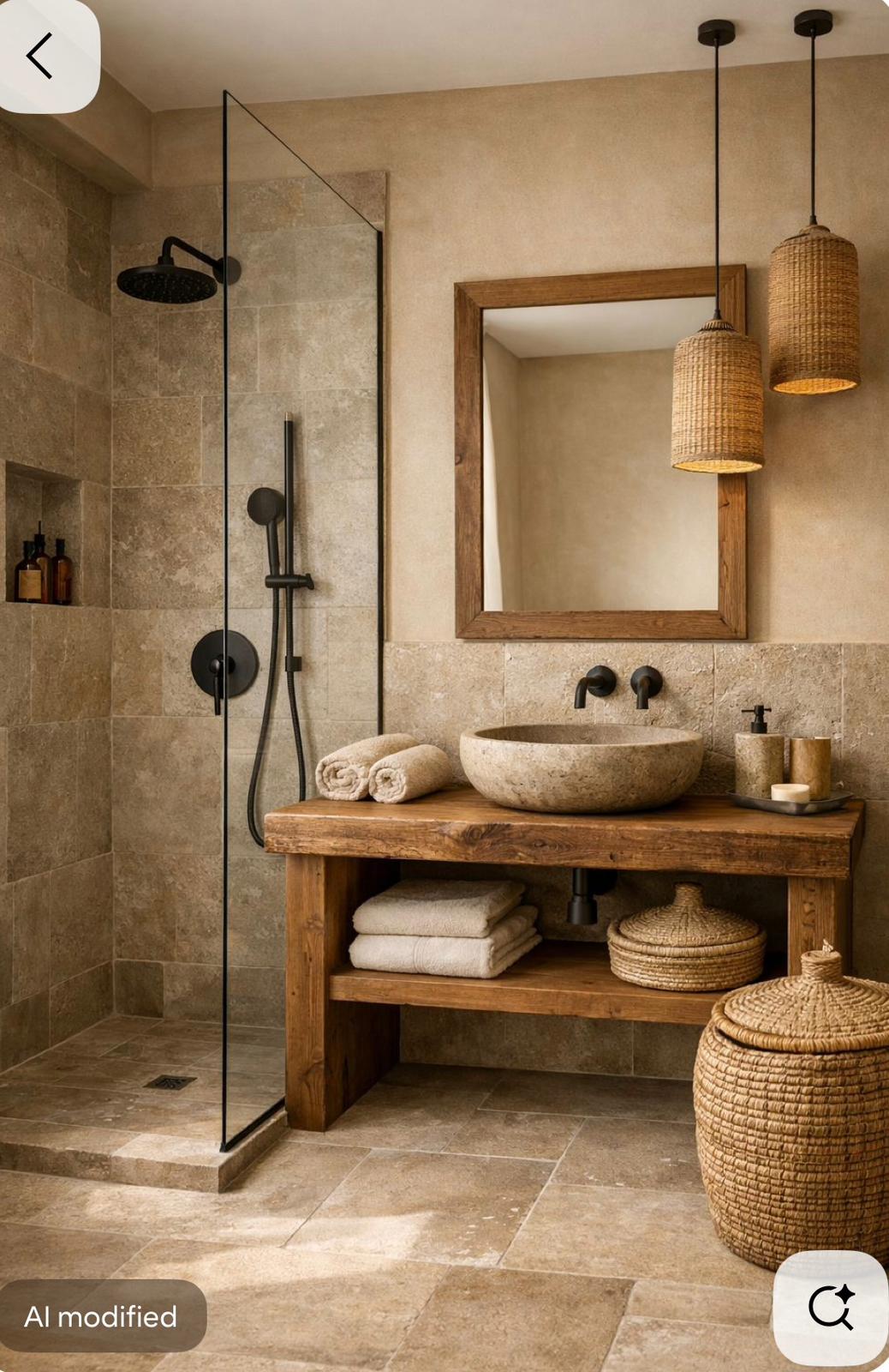 Rustic wood vanity with stone sink and rattan pendants