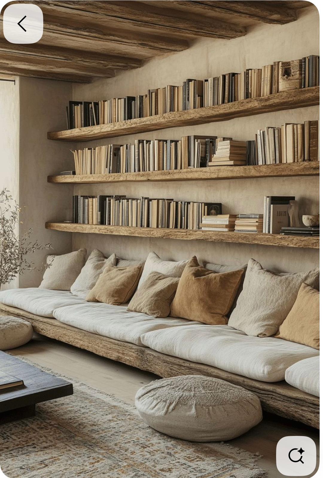 Built-in sofa flanked by rustic bookshelves