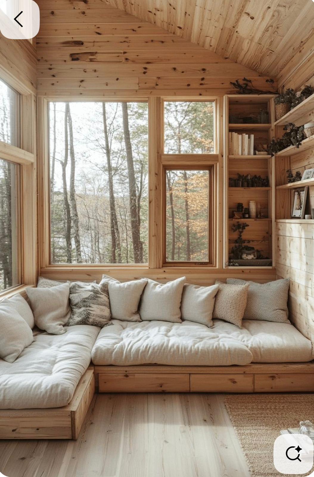 Cabin-style window seat nook with hidden storage