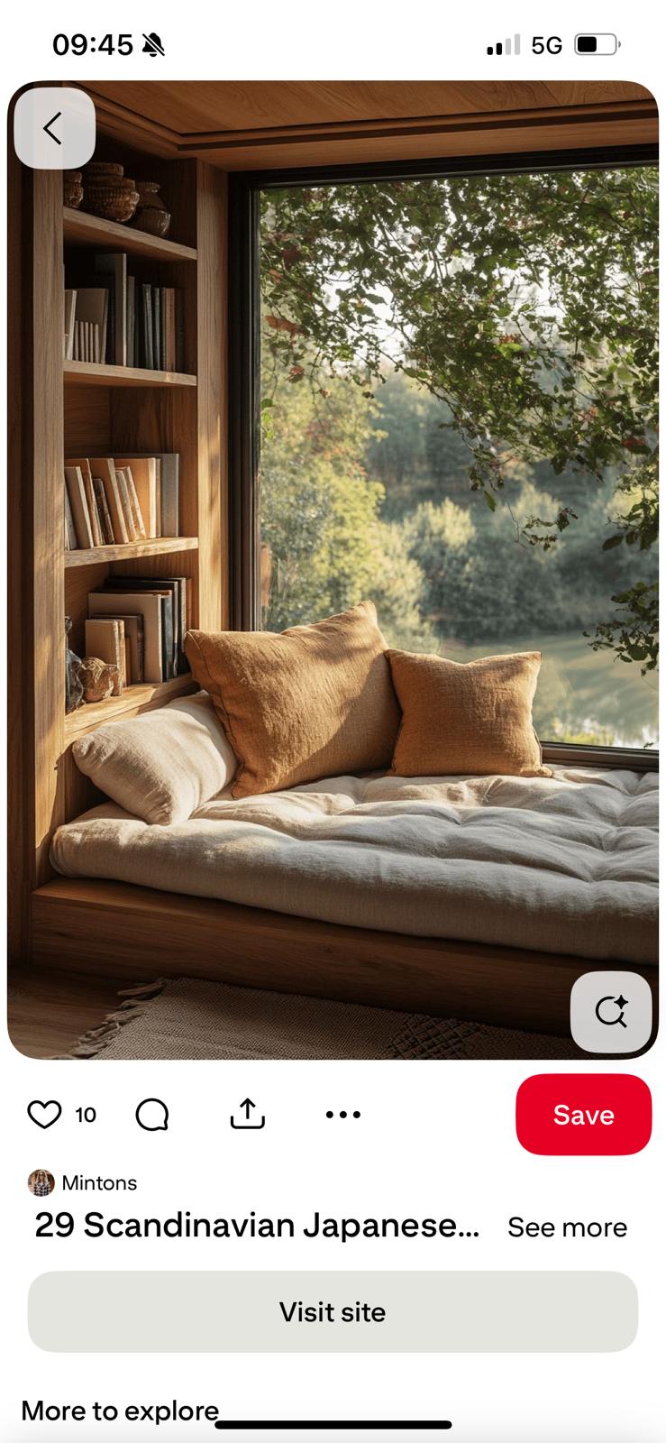 Japandi window seat with built-in shelving