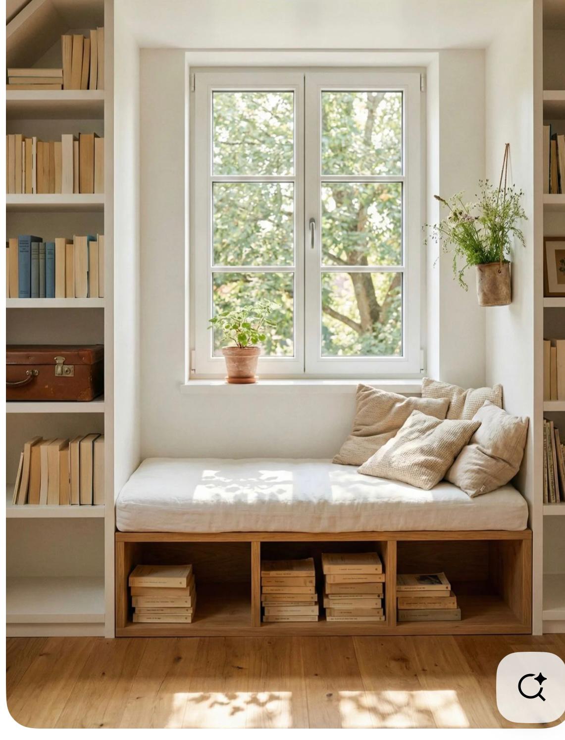Window reading nook with shelves on both sides