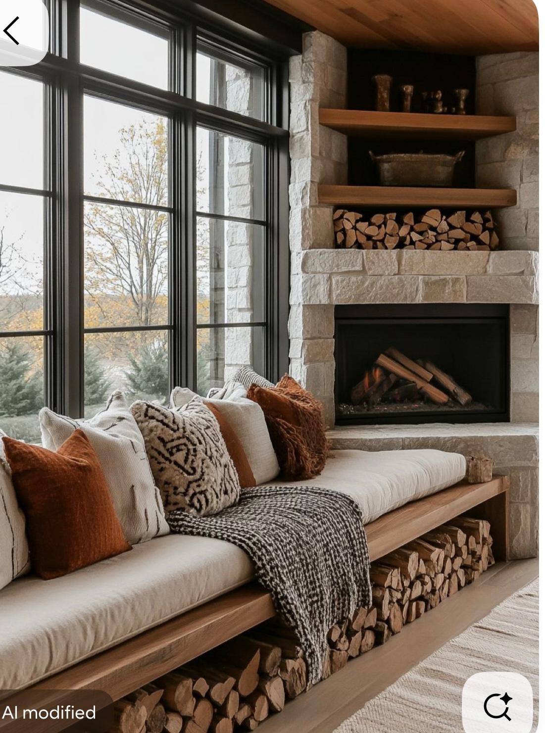 Built-in bench seating around a stone fireplace