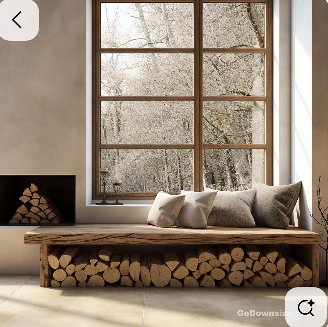 Wooden bench with firewood storage below