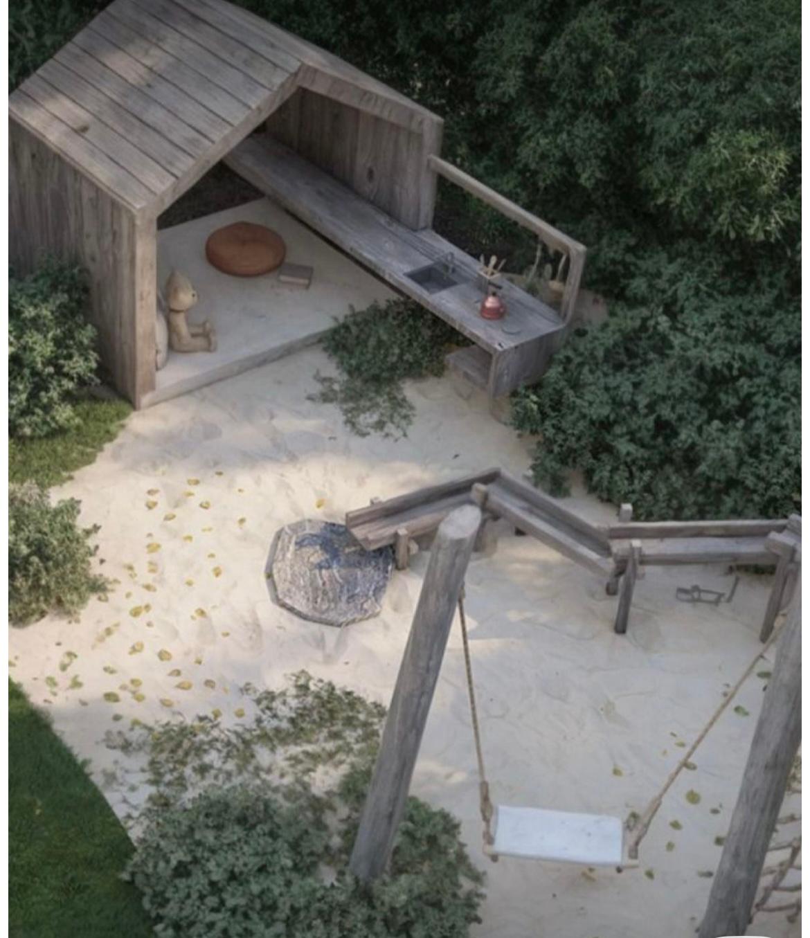 Aerial view of sandbox play area with mud kitchen and swing