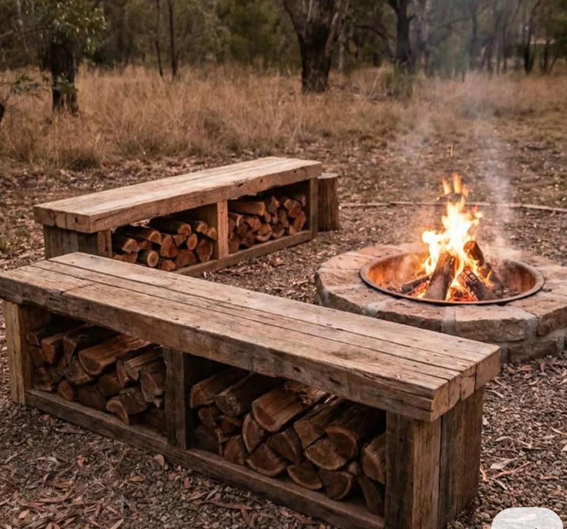 Fire pit with wooden benches and log storage