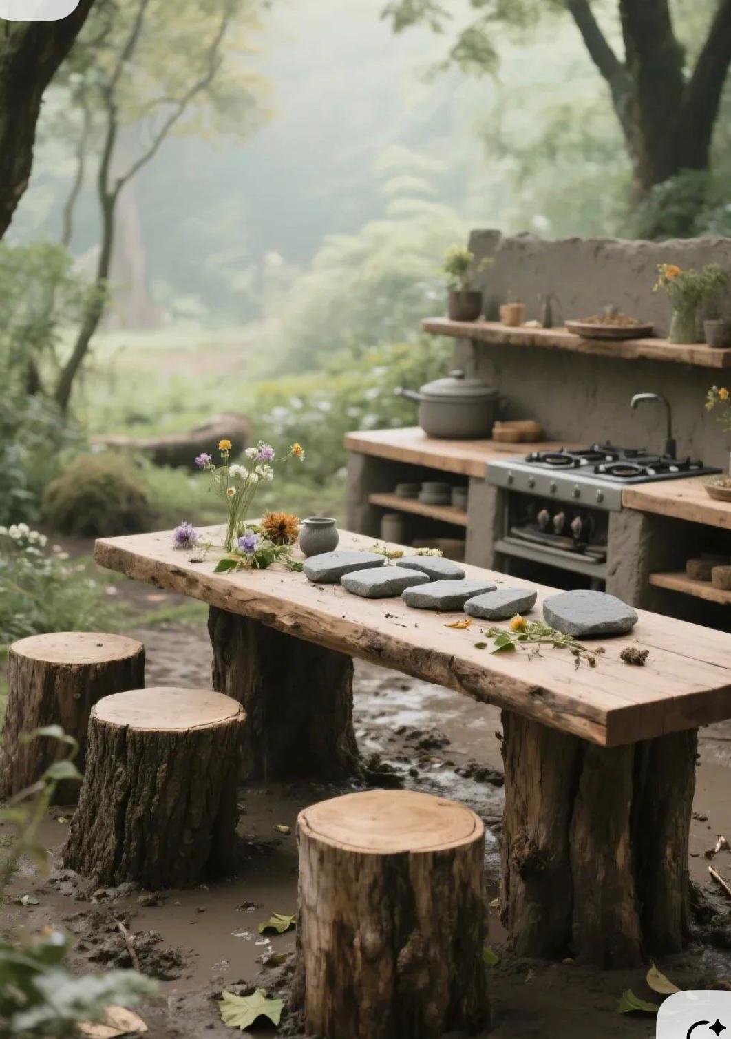 Rustic table with log stumps and outdoor kitchen