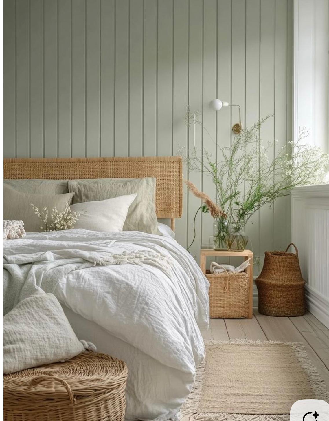 Sage tongue-and-groove wall with rattan headboard