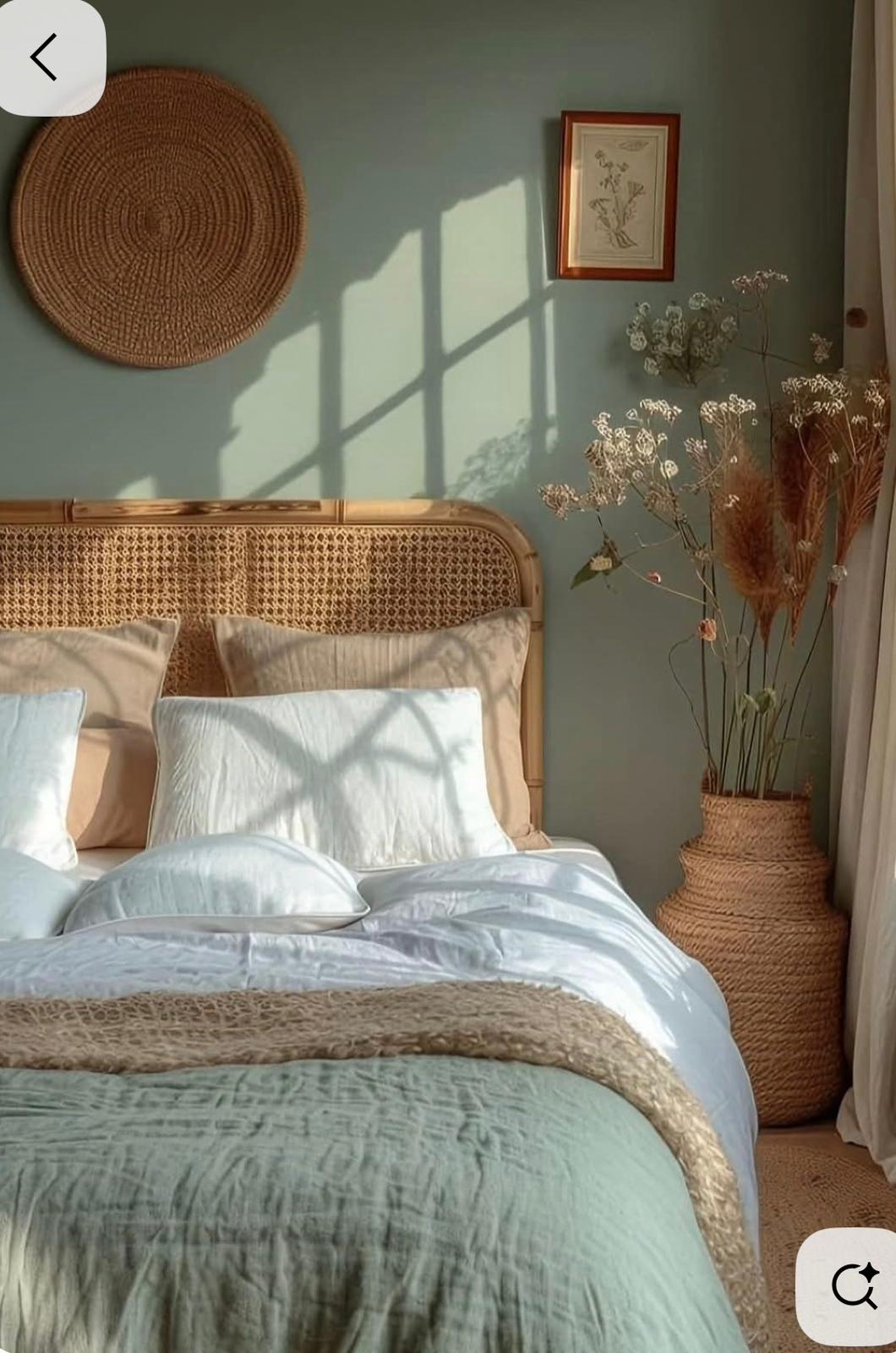 Sage wall with rattan cane headboard and dried flowers