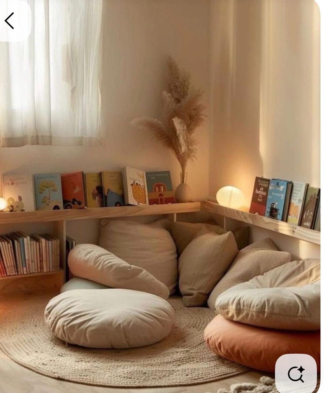 Cosy reading corner with poufs and book ledge