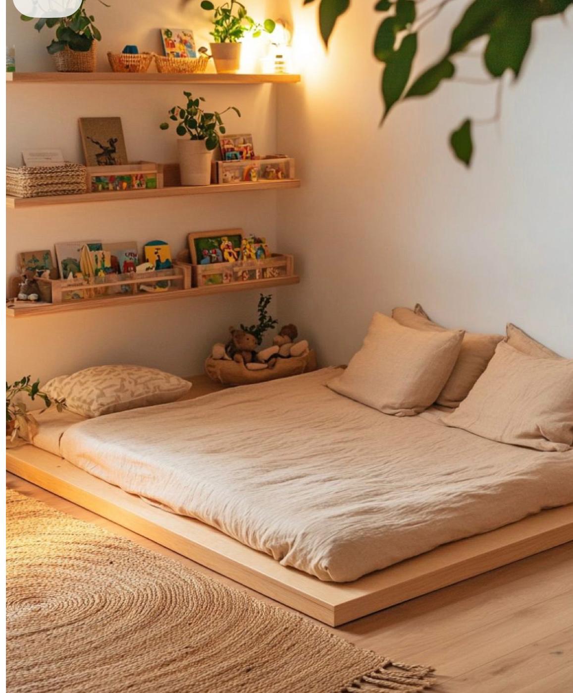 Montessori-style floor area with toy shelves