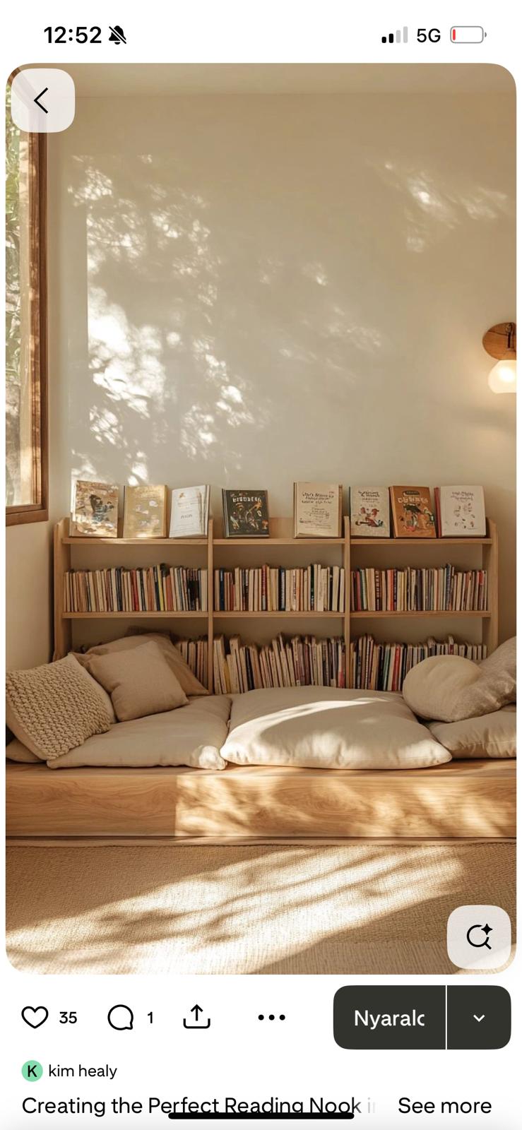 Reading nook with front-facing book display and floor cushions