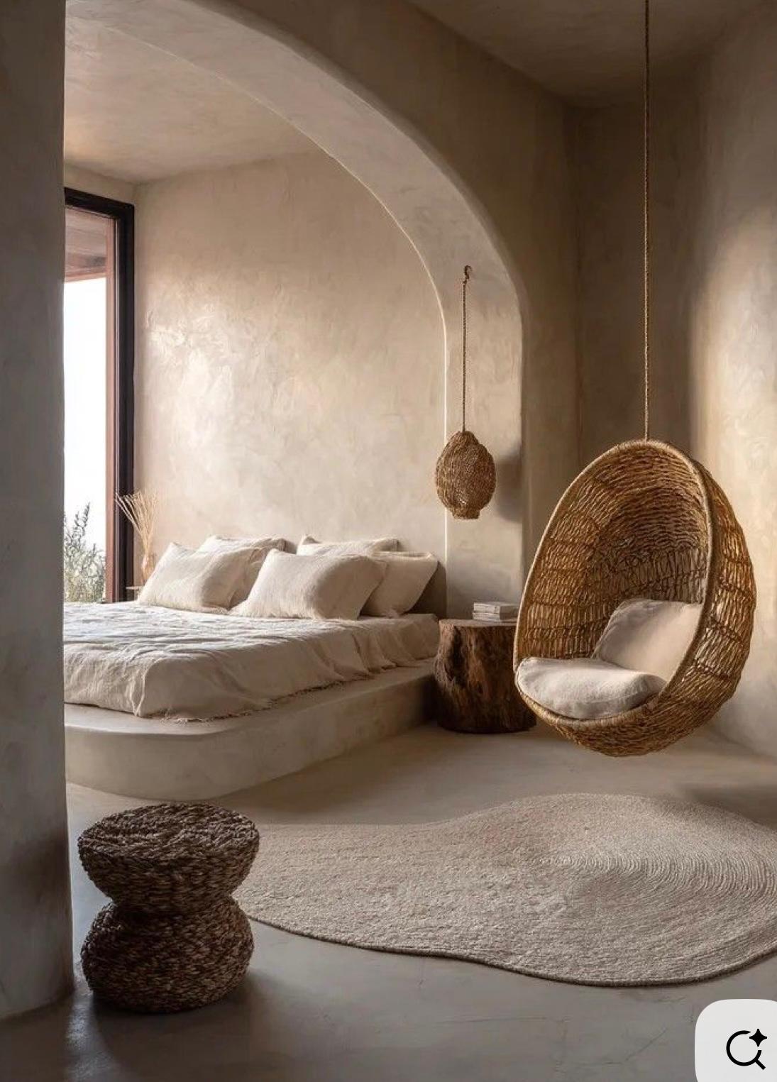 Built-in plaster bed frame with rattan hanging chair