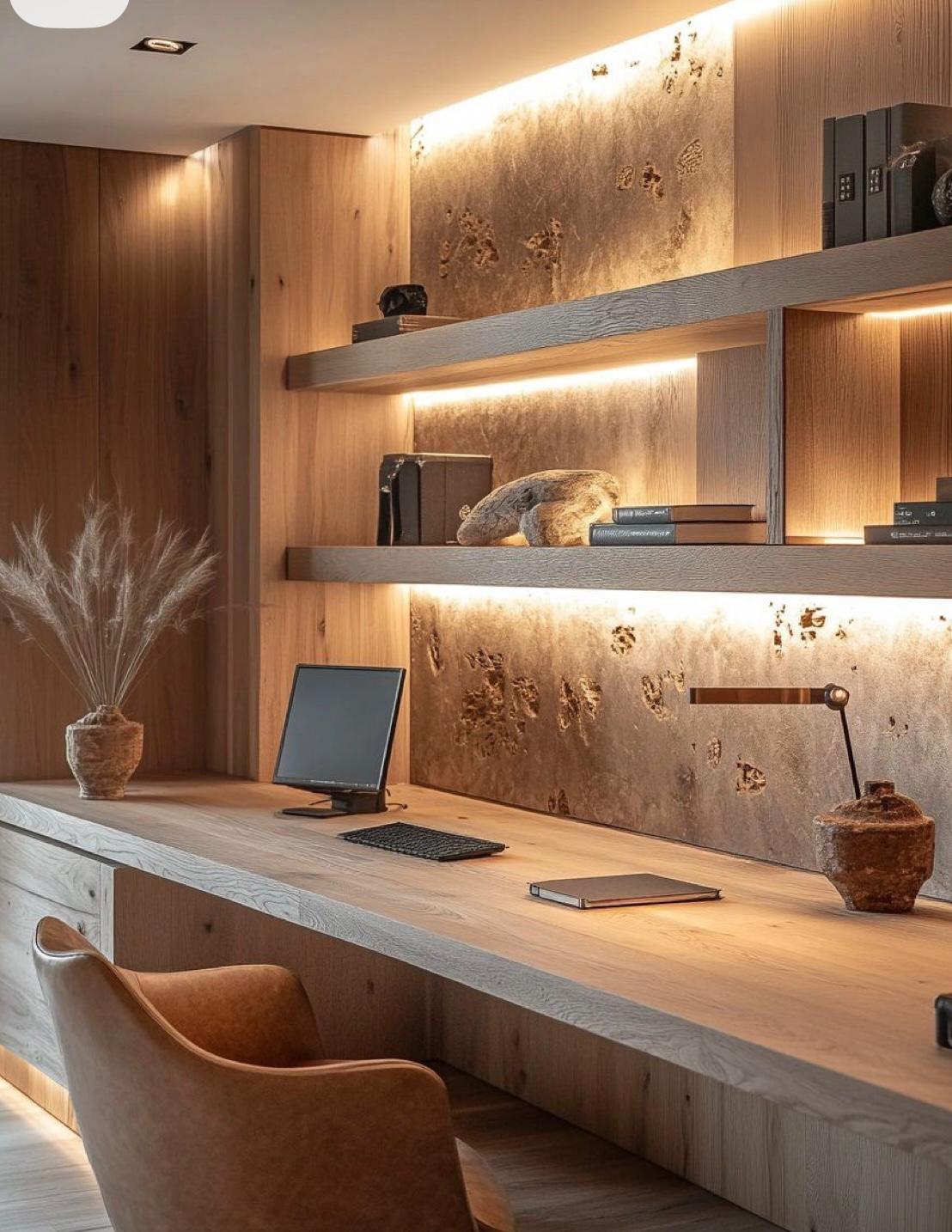 Built-in wood desk with LED shelf lighting above