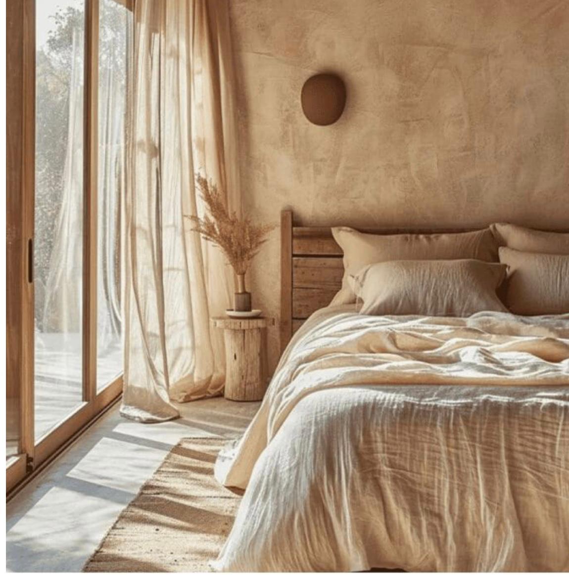 Clay-textured wall with reclaimed wood headboard