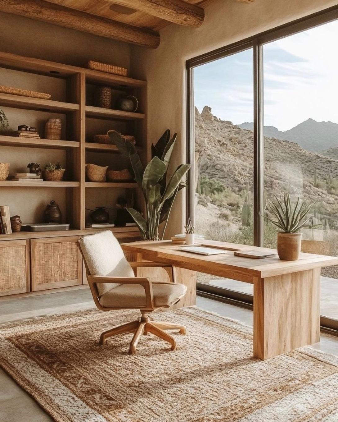 Natural wood desk with built-in shelving
