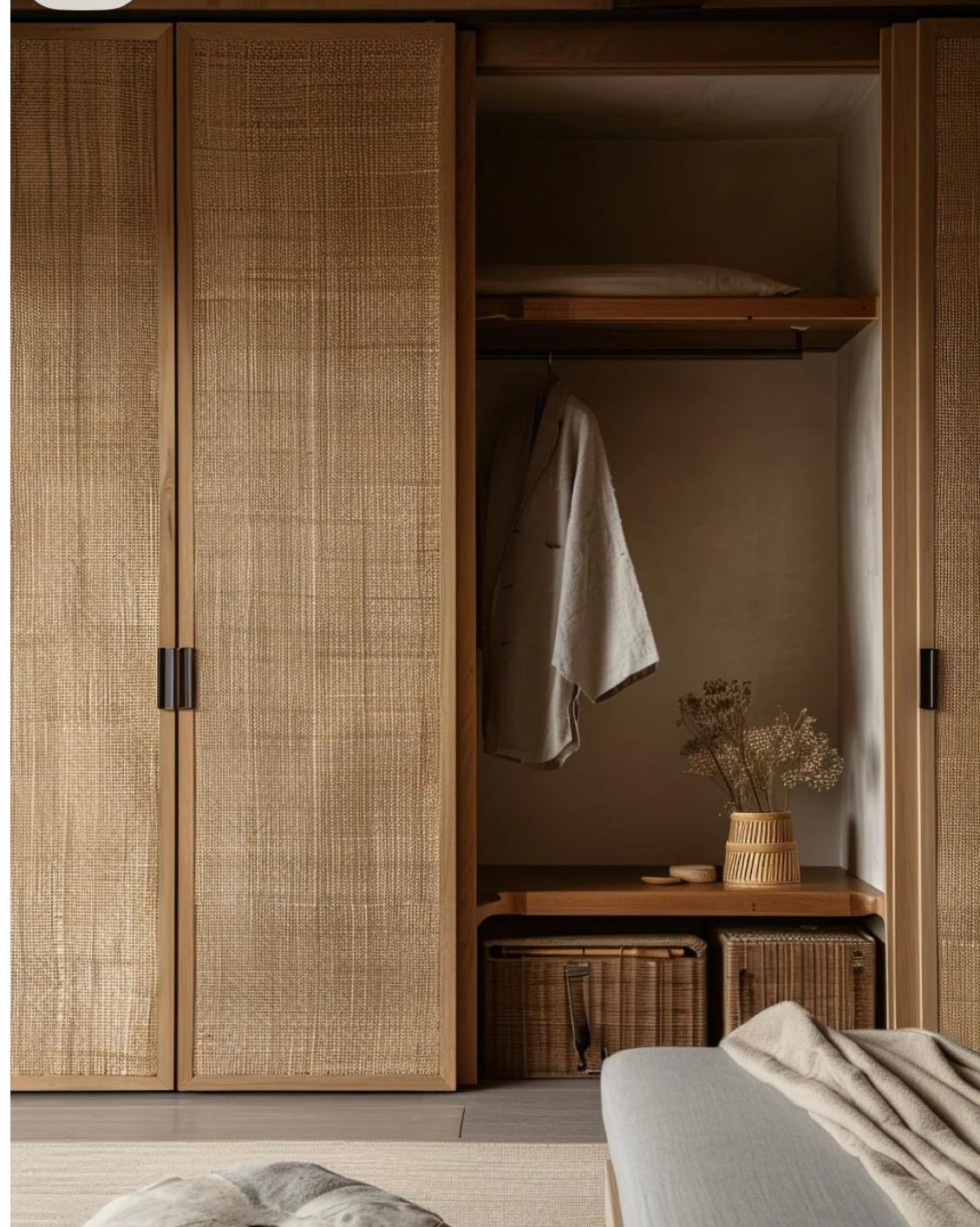 Rattan wardrobe interior with woven baskets