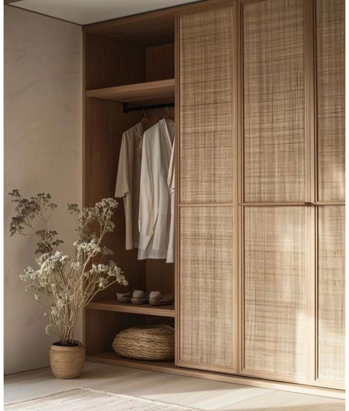 Rattan panel wardrobe with open display section