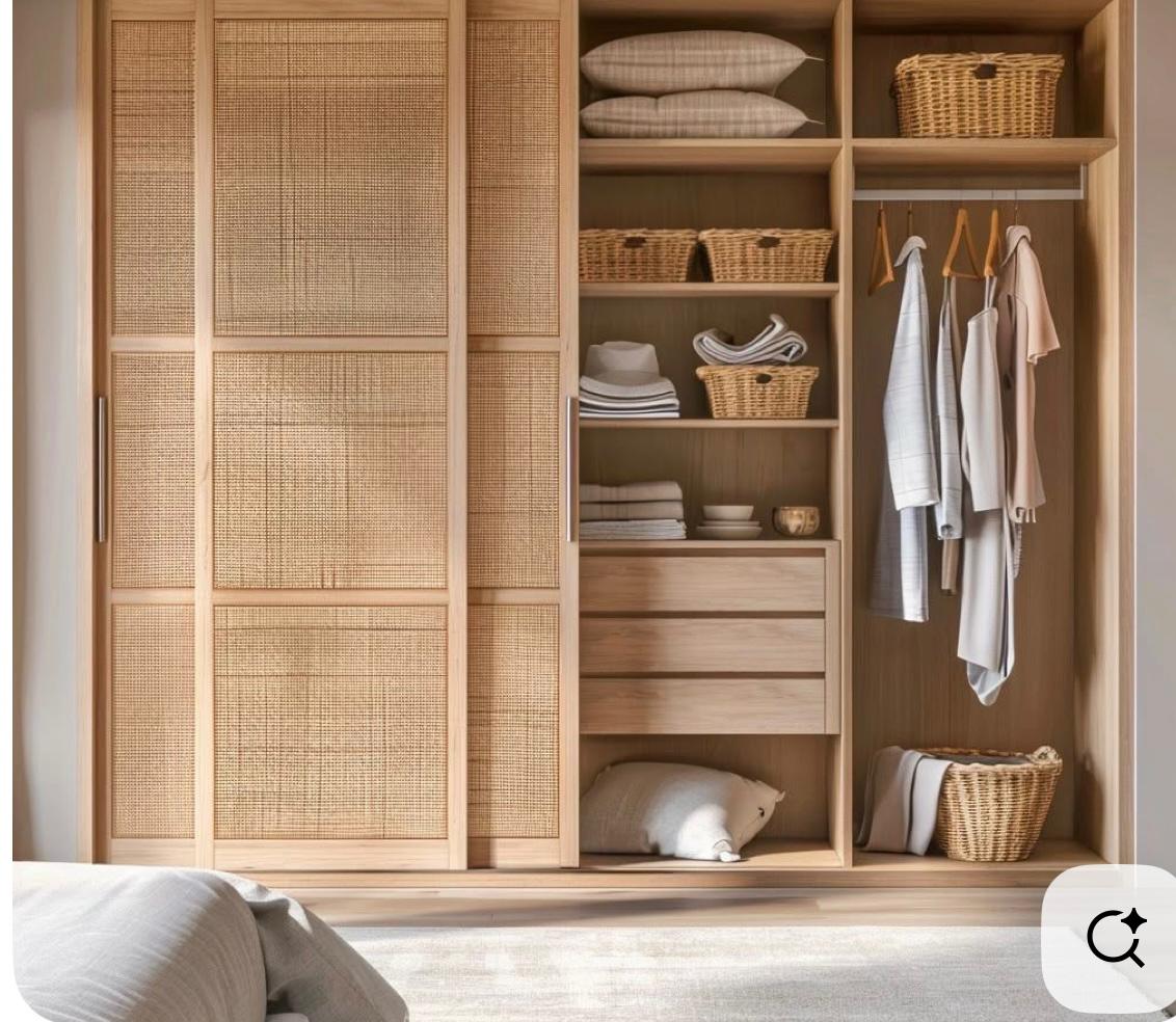 Rattan wardrobe with internal shelves and drawers