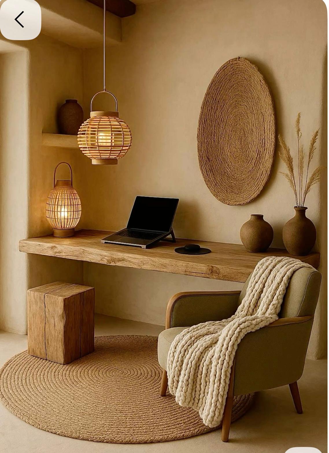 Wabi-sabi floating desk corner with rattan pendants