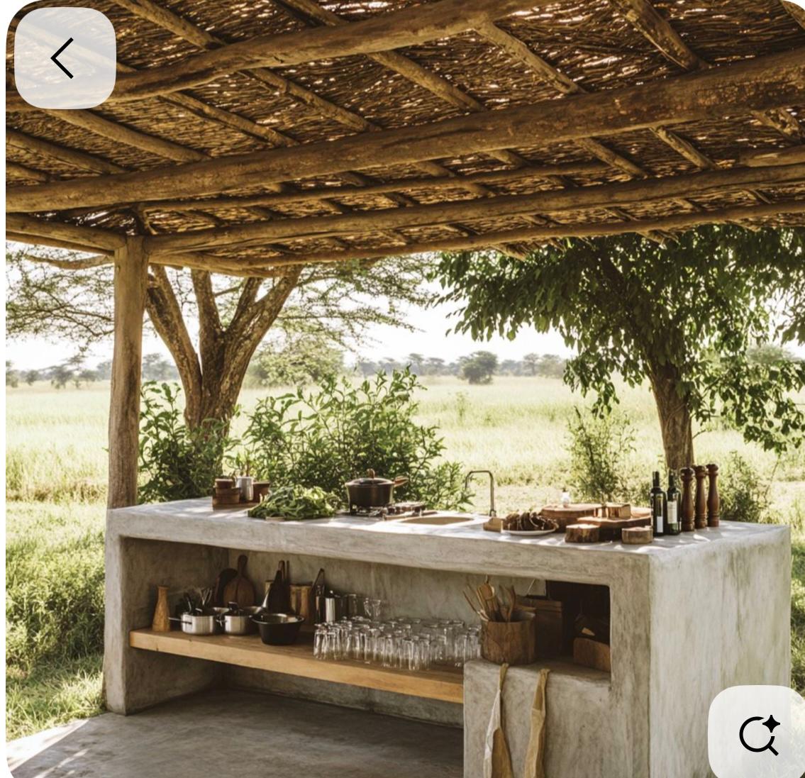 Concrete counter kitchen under thatched canopy