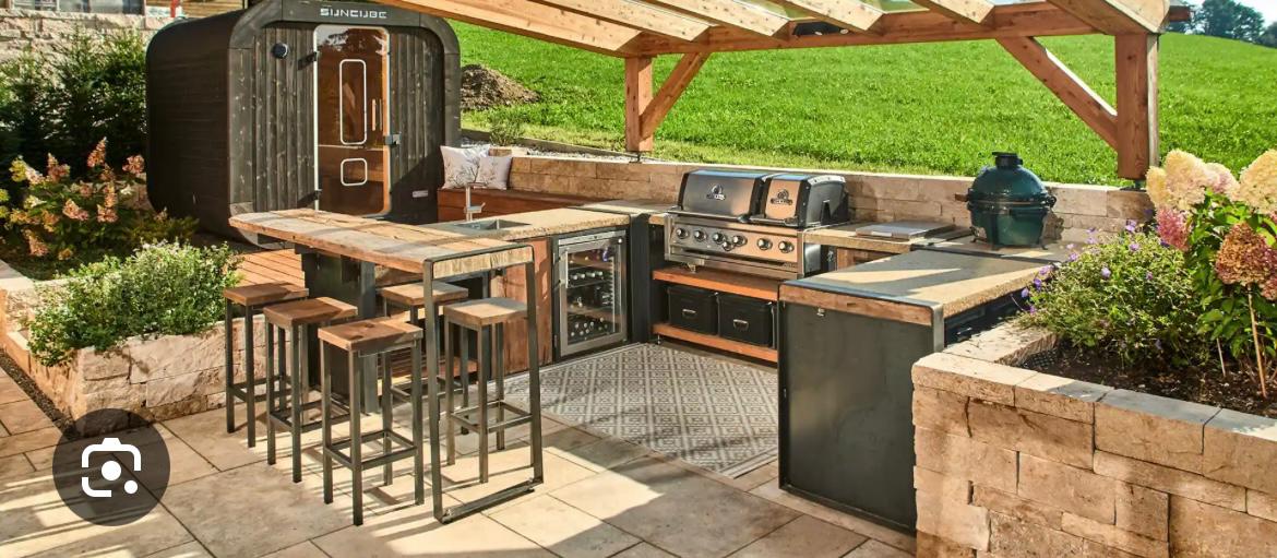 L-shaped outdoor kitchen with bar stools under pergola