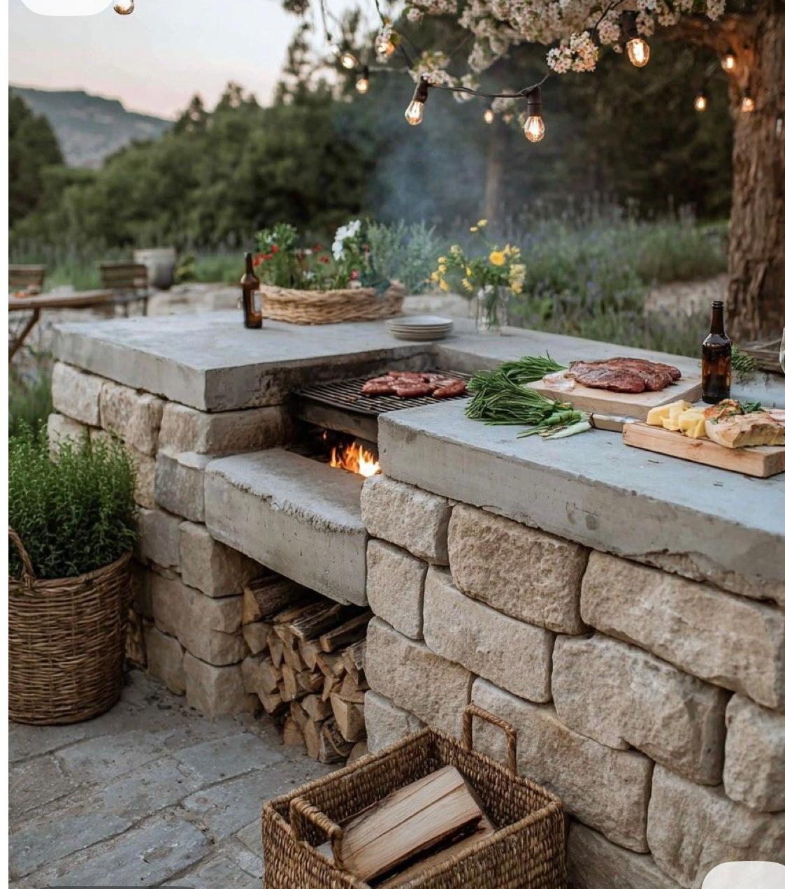 Rustic stone grill counter with string lights