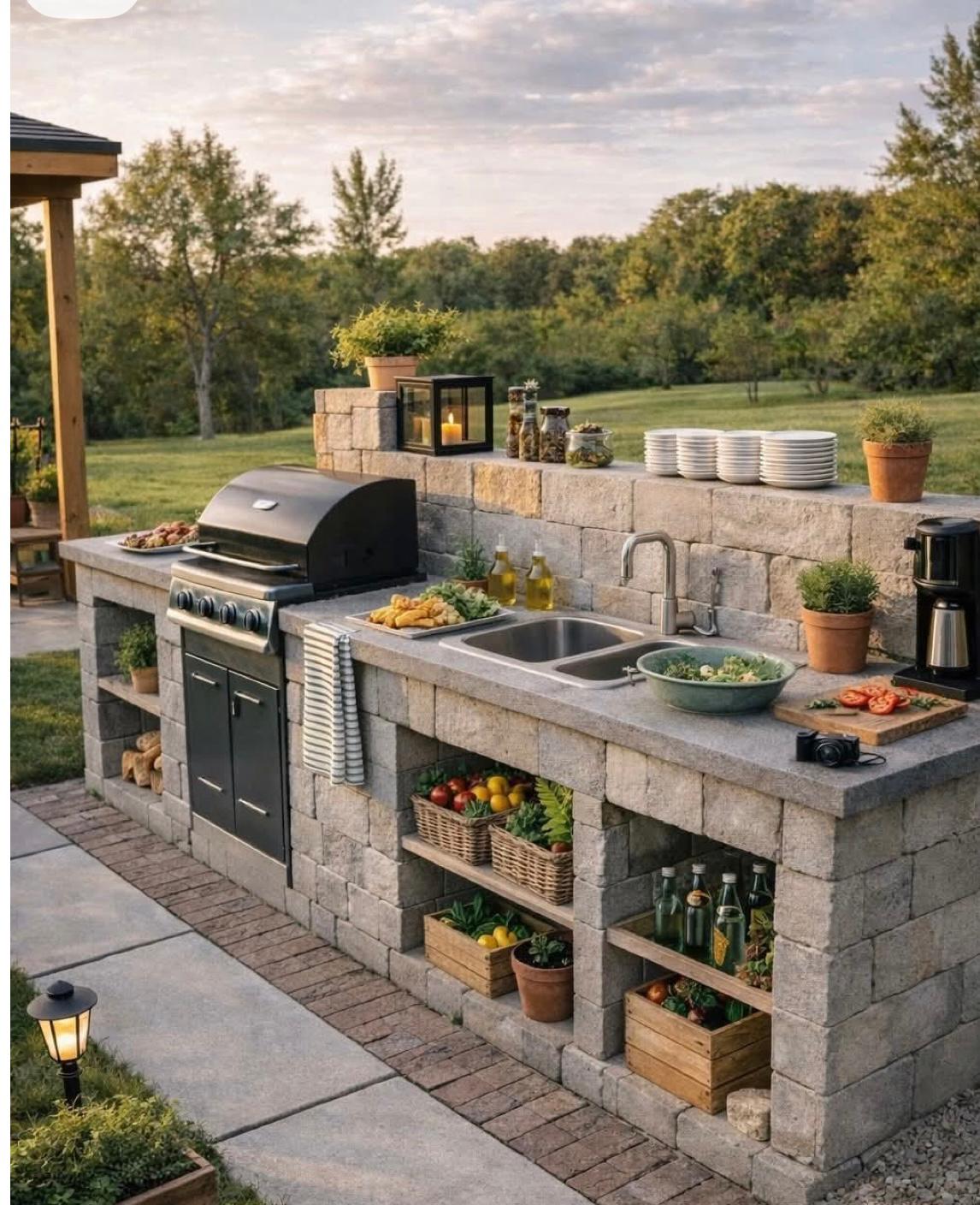 Stone block kitchen with grill, sink, and shelving