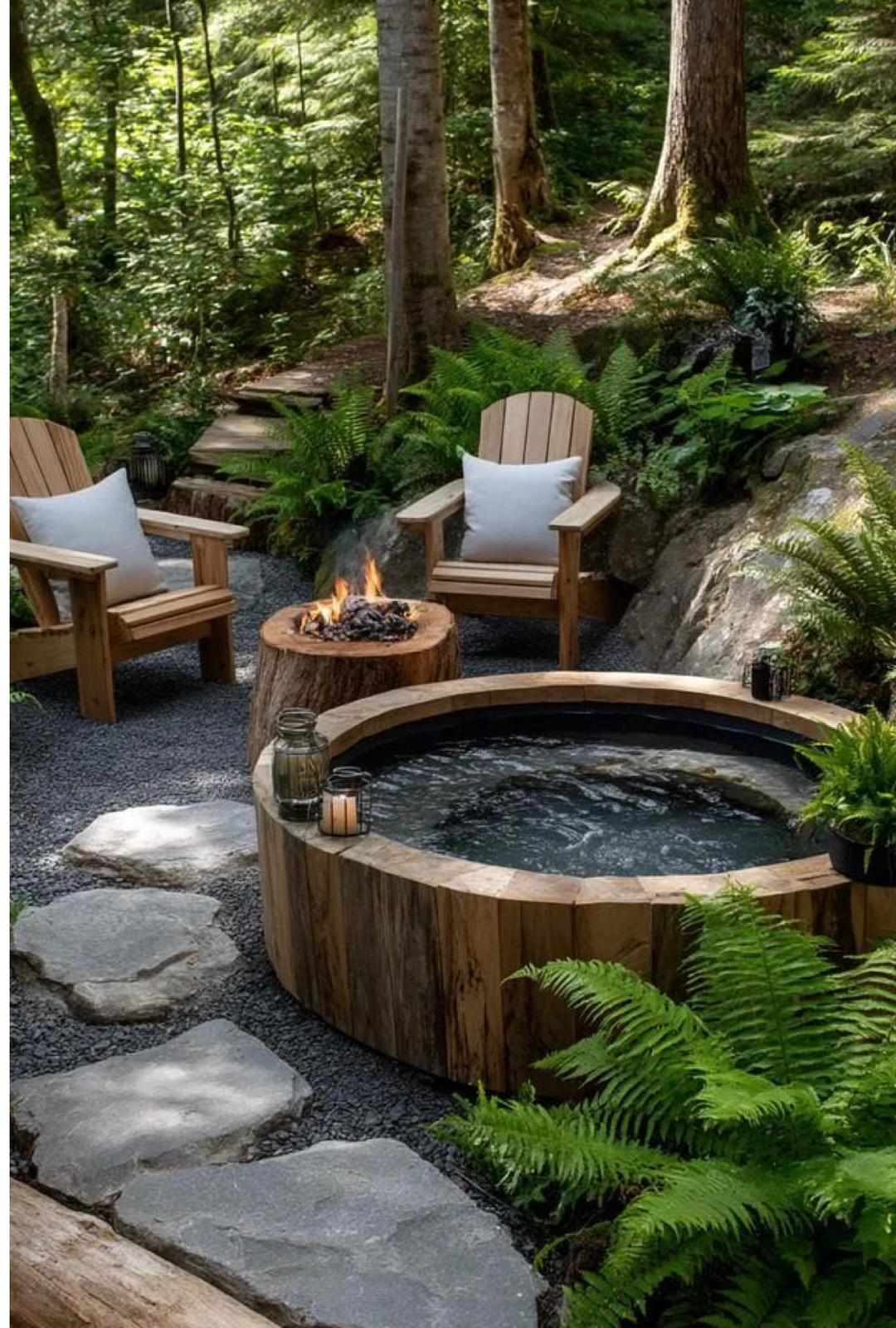 Round wooden hot tub with fire pit and chairs