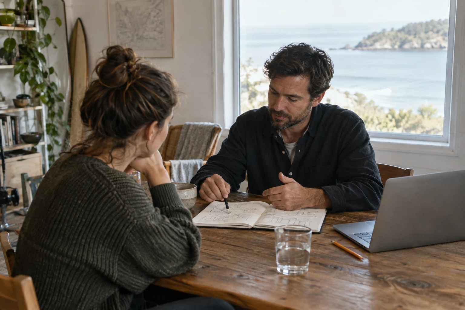 AI-generated scene of two adults discussing sketches beside a coastal window.